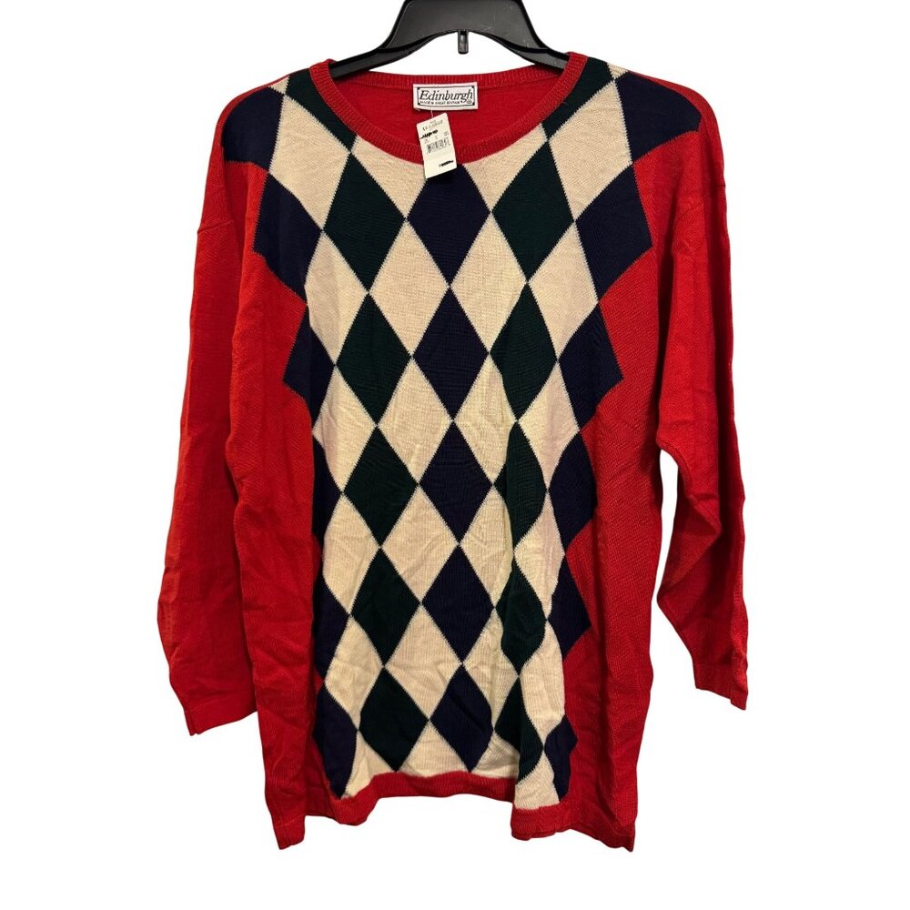 Vintage Edinburgh Red Argyle Lambswool Sweater X-Large Pure New Wool